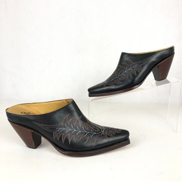 Lucchese Black Leather Mules with Embroidered Design - Picture 2 of 11